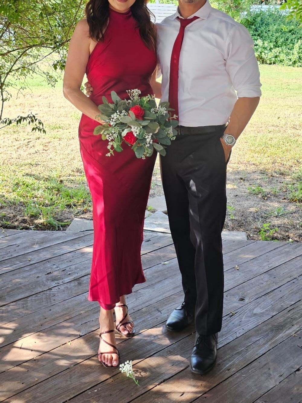 Elegant Red-wine Halter Satin Dress, adjustable neckline size 8